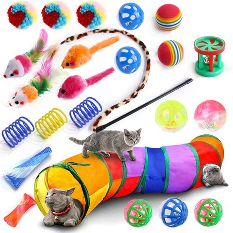 Jouets Chat,24 pièces Jouet pour Chat,Ensemble de Jouets pour Chats avec Tunnel de Chat,Poisson, Souris, Plume, Balle Jeux Chaton,Jouet Interactif pour Chat (1/5)
