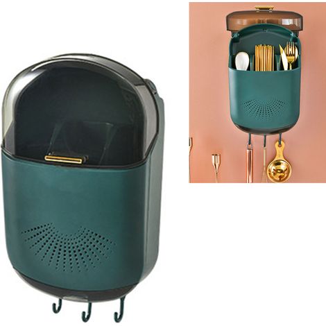 Porte-baguettes mural anti-poussière, 3 compartiments, grande capacité, boîte de rangement pour ustensiles avec couvercle, vert (1/5)