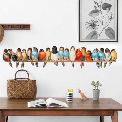 Sticker mural rétro oiseaux sur branche Multicolore 90 cm I Sticker mural autocollant mural décoratif printemps salon chambre cuisine salle de bain couloir (1/5)