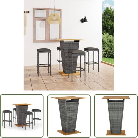 The Living Store Ensemble de bar de jardin 5 pcs et coussins Résine tressée Gris - Salon De Jardin - Mobilier De Jardin - Set De Salon De Jardin - Ensemble De Bar - Table De Bar (1/5)