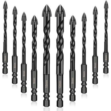 10-teiliges Set Hartmetall-Steinbohrer, Fliesen- und Glasbohrer für Porzellan, Fliesen, Beton, Ziegelwände, Glas, Spiegel, Kunststoff und Holz – 5/5/6/6/6/6/8/8/10/12 mm