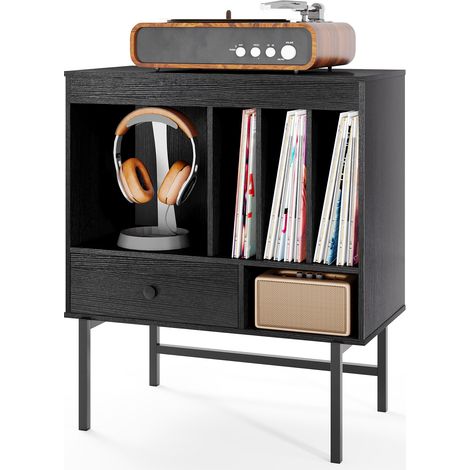 Table d'Appoint pour Platine Vinyle 70 x 36 x 80 cm, avec Compartiments Ouverts, Porte-Album & Tiroir, Support pour Tourne-Disque, Noir (1/5)
