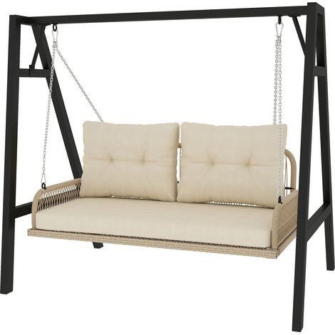 Hollywoodschaukel 2-Sitzer Rattan Gartenschaukel mit Kissen Ketten Hängebank bis 240 kg belastbar Hängeschaukel Schaukelbank Gartenbank für Garten Balkon 115 x 66 x 44 cm Beige Aosom