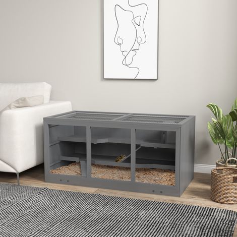 Gabbia per criceti nani PawHut, gabbia per roditori, box per piccoli animali, con chiusura a chiave, in legno, facile da pulire, grigia