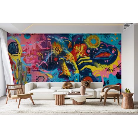 Papier peint graffiti - visages pop art multicolores imbriqués - 150 x 250 cm (1/2)