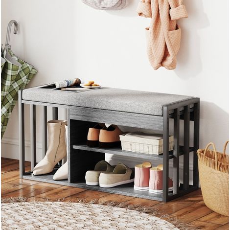 Banco zapatero (86x30x45.4 cm), asiento acolchado, estantería de 3 niveles, tablero de madera, gris (1/5)