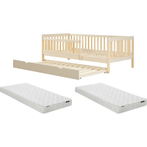 Lit 90 x 190 cm avec tiroir gigogne - Pin et MDF – Beige et Naturel + Matelas - PROVIATI