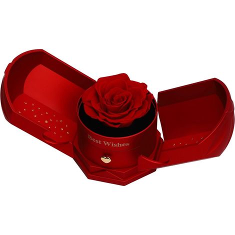 Preserved Rose-Shaped Ring Box with Hidden Drawer for Storing Jewelry, Necklaces, Earrings, Multifunctional Rose-Shaped Pendant Box (S Red) (1/5)