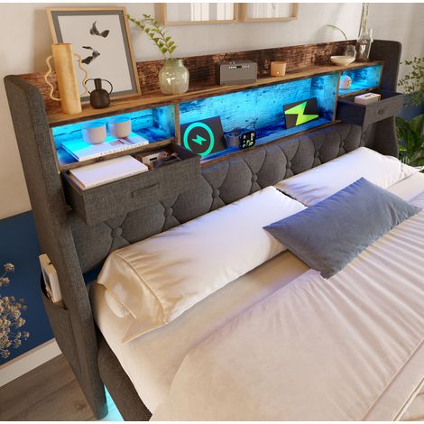 Lit coffre 140x200 LED avec rangement gris HAVRYA (1/5)