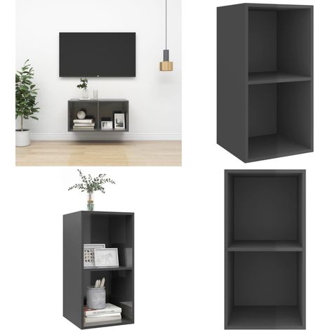 Mueble TV de pared madera contrachapada gris brillo 37x37x72 cm - Mueble de pared - Armario de TV de madera