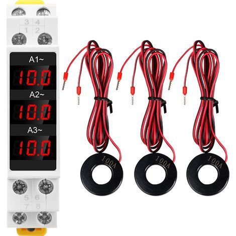 Ampèremètre triphasé sur rail DIN avec affichage numérique LED, haute précision, avec 3 capteurs, AC 80-500V 1-100A (1/5)