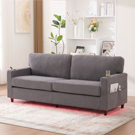 Canapé 2 Places en Chenille Gris Clair avec LED, USB-C, Porte-Gobelets, Poches Latérales et Structure Bois Métal (1/5)