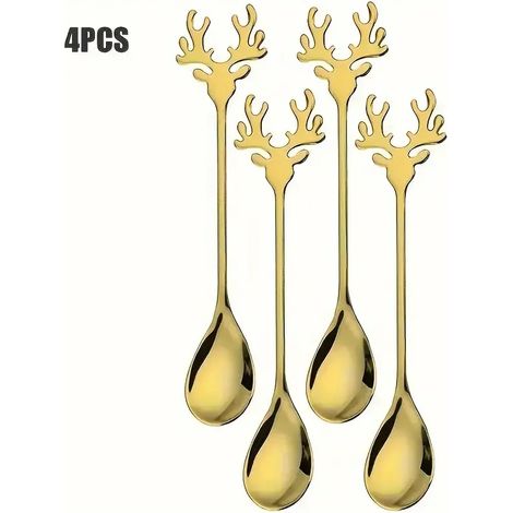 (Or 4 pièces) Ensemble de couverts en acier inoxydable à motif renne, comprenant une cuillère à dessert, une cuillère à café et une cuillère à mélanger à motif renne de Noël. (1/5)