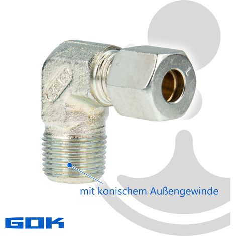 Schneidringverschraubung Typ WERK - 90° Winkel - Verschraubung Ø 8 mm x R 1/4 Zoll AG, Stahl verzinkt, Schneidring Messing