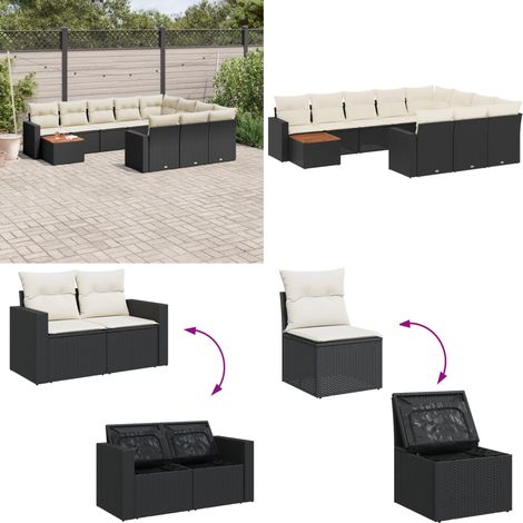 11-tlg. Garten-Sofagarnitur mit Kissen Schwarz Poly Rattan - Gartenmöbel Set - Esszimmergarnitur - Outdoor Möbel - Lounge Garnitur - Balkonmöbel - Home & Living (1/5)