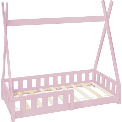ML-Design Letto a Terra per Bambini Design Tipi 70x140 cm Rosa, Struttura in Legno di Pino Massiccio, con Sponde Protezione Anticaduta, Lettino Tenda Indiana, Giroletto Montessori per Ragazzi