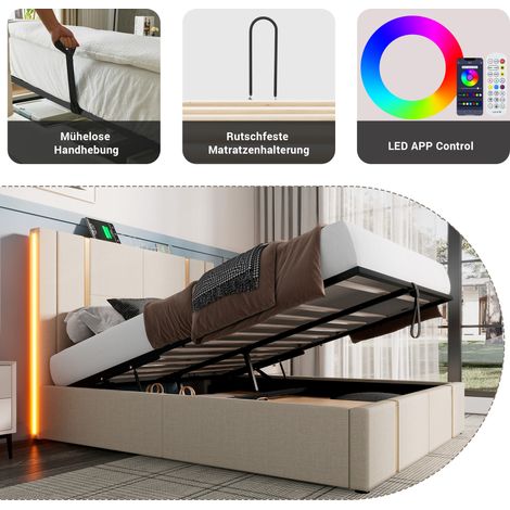 Lit double 160x200 avec rangement, sommier en bois, tissu lin beige, fonction charge USB-C et commande par APP, LED intégrée, sans matelas. (1/5)