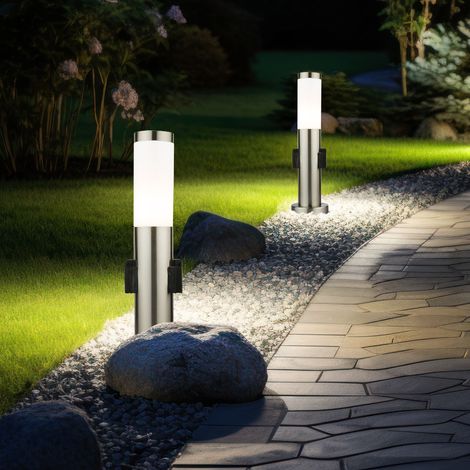Außenstehleuchte 2x Steckdose Gartenlampe Pollerleuchte Edelstahl Terrassenlampe silber, E27, DxH 8 x 45 cm, 2er Set