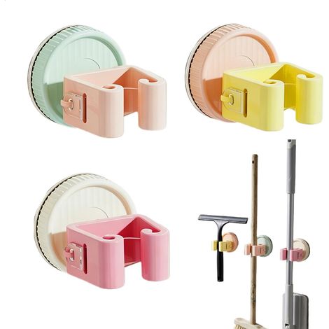 Attache Balai Mural Avec Ventouse, Range Balai Mural, Porte Balais Murale, Accroche Balais Murale Sans Percer pour Serpillières, Pelles, Outils, 3 Pièces, Rose (1/5)