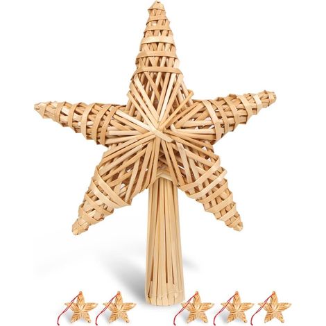 Estrella para árbol de Navidad, estrella decorativa para árbol de Navidad, adorno de paja para árbol de Navidad, adorno de estrella con 5 estrellas pequeñas de paja para decorar el árbol de Navidad. (1/5)