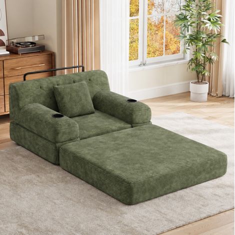 Divano letto 1 posto 162x107x60 cm in velluto a coste verde, salvaspazio FloraGrace (1/5)