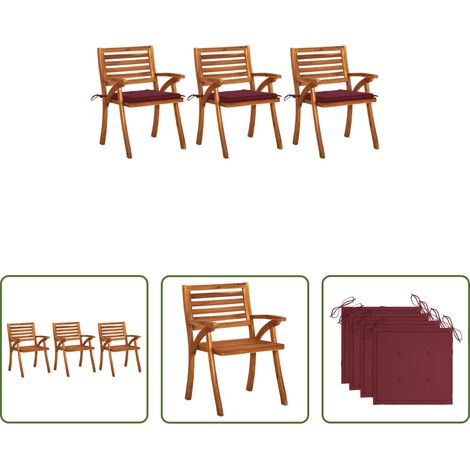 Chaise en bois d'acacia - Chaises à manger de jardin avec coussins lot de 3 Acacia massif (1/5)