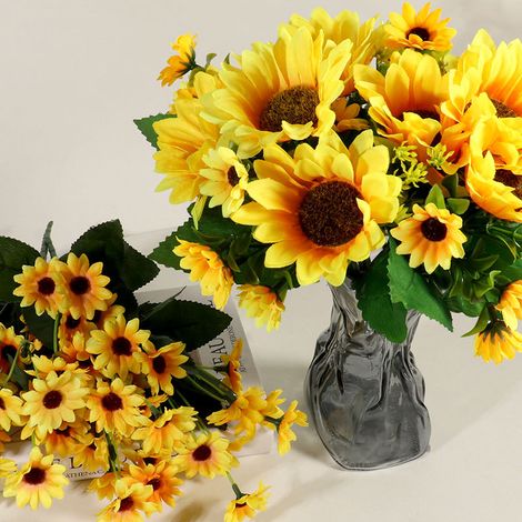 Lot de 2 tournesols artificiels réalistes, grands tournesols avec tiges apparentes, bouquet de tournesols artificiels pour la décoration, fleurs jaunes artificielles (1/2)