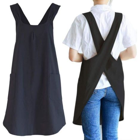 Tablier Coton Lin - Bretelles Croisees Dos - 2 Poches Laterales - Pour Cuisine Patissage Peinture Jardinage - Noir - Taille Unique (1/5)