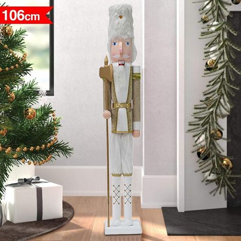 Soldato Schiaccianoci di Natale in Legno 106 cm Decorazioni Addobbo Bianco e Oro (1/3)