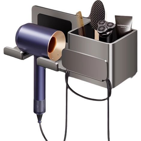 Support gris pour sèche-cheveux, sans perçage, enrouleur de cordon de rangement pour salle de bain, étagère de salle de bain.-Chrom (1/5)