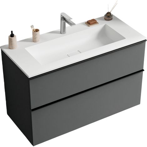 BERNSTEIN - Mobile lavabo sospeso MDF antracite opaco, lavabo Ghisa bianco opaco + foro rubinetto, maniglia antracite opaco - 100x46x62cm - LAVOA	Antracite opaco, Antracite opaco, Bianco opaco con for