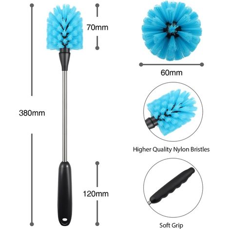 3er-Set Flaschenbürsten, 38 cm lang, Flaschenreinigungsbürste, Küchenbürsten, geeignet für Wasserflaschen und Weingläser, blau, Material: Kunststoff und Edelstahl (1/4)