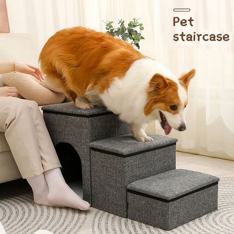 Escalier pliable confortable et résistant pour animaux de compagnie, avec un design trois-en-un et un espace de rangement intégré. Rampe antidérapante à trois marches pour petits chiens, chats et autr (1/5)