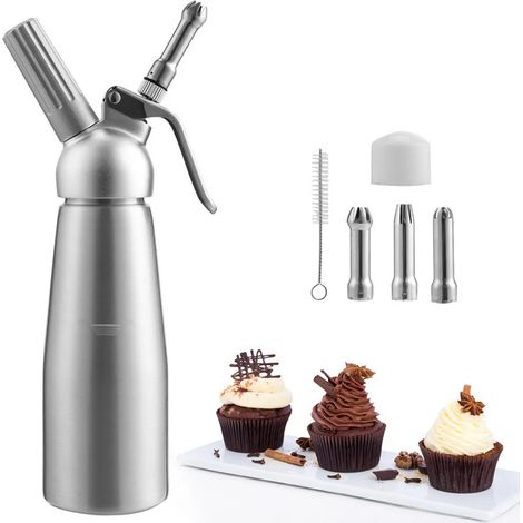Siphon à crème Yakimz 0,5 L en aluminium avec 3 embouts décoratifs en acier inoxydable et une brosse de nettoyage pour la préparation de crème fouettée, crème fraîche et mousse. Cartouches de protoxyd (1/5)