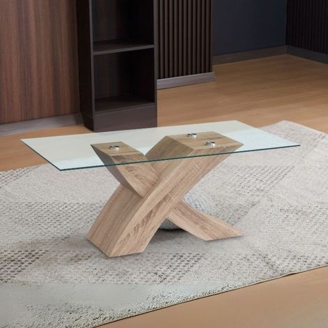 Tavolino da salotto Shiva piano in vetro e base rovere a incrocio 110x60x45H (1/3)