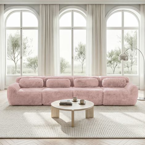Ecksofa Plüsch Rosa, modulares rahmenloses 4-Sitzer-Sofa mit Ottomanen und rutschfester Basis