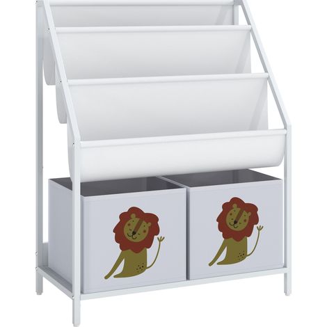 Bibliothèque enfant à 4 niveaux avec porte-livres et tiroir en tissu, blanche (1/5)