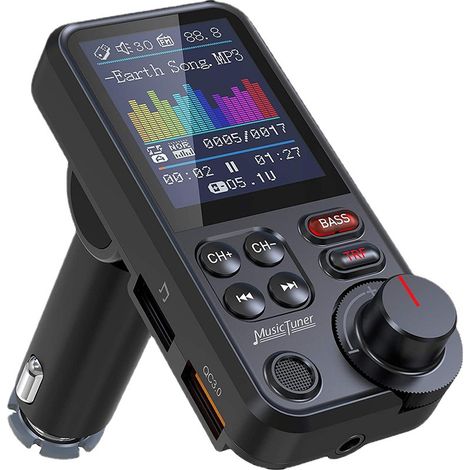 Transmisor FM USB KM30, adaptador de radio para coche Bluetooth con potente micrófono y pantalla a color de 1,8 pulgadas, compatible con reproductores de música QC3.0. (1/5)