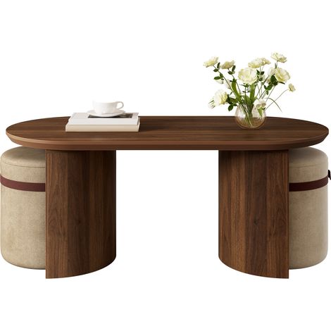 Ensemble table basse avec 2 tabourets, table basse ovale, table de salon en MDF, table basse avec tabourets, tabouret rembourré, table basse ronde moderne, table d'appoint, table de salon (1/5)