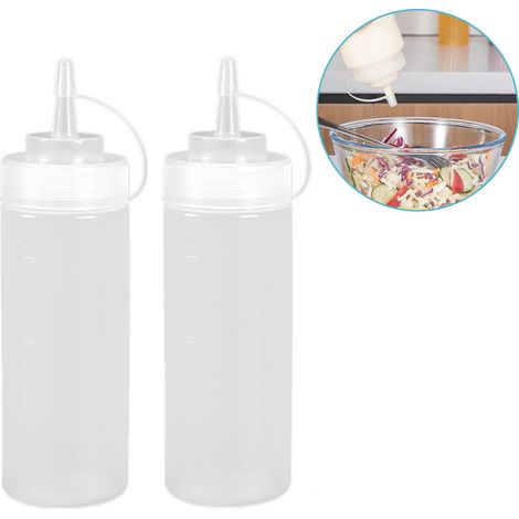 Ensemble de 2 flacons distributeurs alimentaires transparents, résistants et étanches avec bouchon, pour sauces, huiles et condiments de cuisine (1/5)