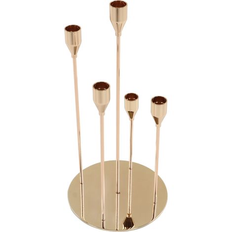 Lot de 5 bougeoirs dorés à 5 branches, hauteurs variées, chandeliers en métal pour décoration de table bar et restaurant. (1/5)