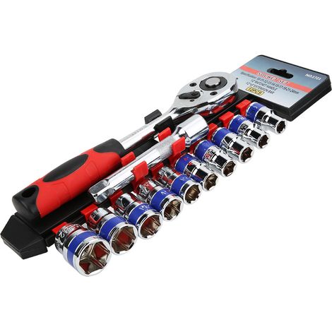 Jeu de 12 douilles hexagonales (1/2 po) : clés, porte-douilles, tailles 10, 11, 12, 13, 14, 15, 17, 19, 21 et 24. Outils combinés en acier CR-V.