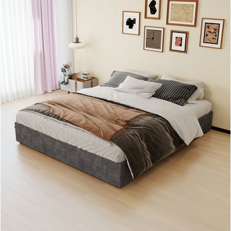 Cadre de lit 160 x 200 cm sans tête de lit, velours gris avec ressorts à gaz et matelas (1/5)