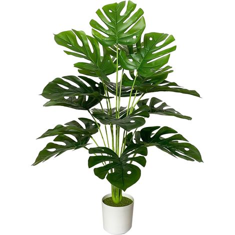 Plante Artificielle Intérieur Faux Plantes en Pot Plastique avec 18 Tropical Palmier Arbre Feuilles pour Extérieur Maison Bureau Jardin Décoration Moderne (75cm Grand Monstera Vert) (1/5)
