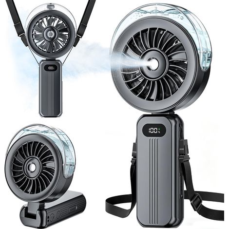 Mini Ventilateur Brumisateur Portable - Petit Ventilateur USB Rechargeable Puissant, 4000mAh 3-en-1 Fan Poche de Bureau, Main ou Cou avec 4 Vitesses & Ecran LED, pour Extérieur, Voyage (Noir) (1/5)