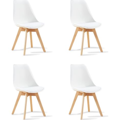 Designetsamaison – Lot de 4 chaises scandinaves blanches en plastique renforcé – Pieds en bois – Hauteur 81 cm – Assise 46 cm – Pour cuisine et salle à manger
