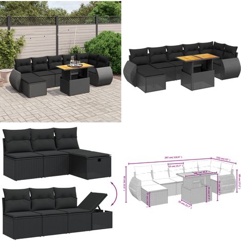 Salon de jardin 8 pcs avec coussins noir résine tressée - Ensemble Salon De Jardin - Mobilier Extérieur - Résine Tressée - Rotin Synthétique - Table Extensible - Home & Living (1/5)