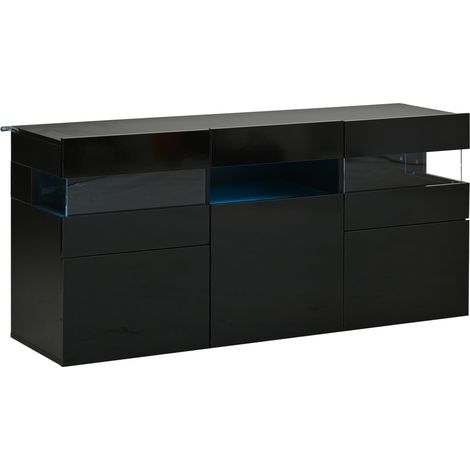 Aparador de salón negro de 140 cm con 3 puertas, LED y vitrinas de acrílico HOMVRA (1/5)