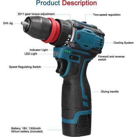 18V 2-in-1 Lithium Drill, Electric Screwdriver, Multi-function Power Tool, 20Nm Torque Brushless Motor, Handy Screwdriver for Household Appliances, Furniture Installation, Repairs (1/5)