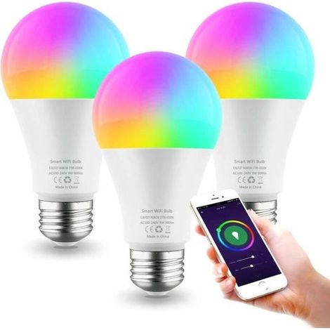 Lot de 3 ampoules LED E27 9W Wifi RGBW 900 lm compatible Alexa Google Home (1/4)